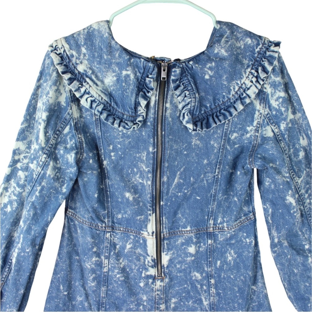 Ganni Light Bleach Denim V-neck Ruffle Collar Dress Size 38 US 6 - Picture 3 of 15
